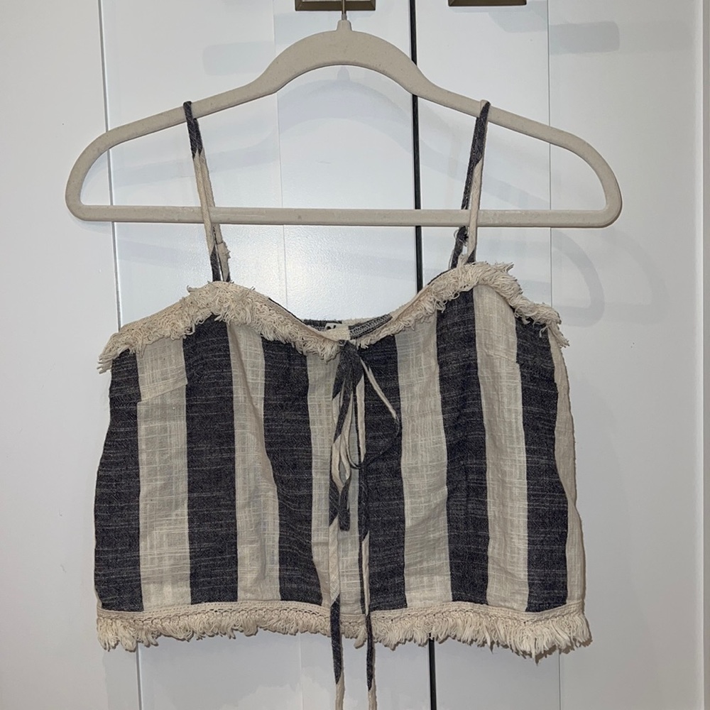 Blue and Cream Striped Top w/ Fringed Lining. Adjustable straps